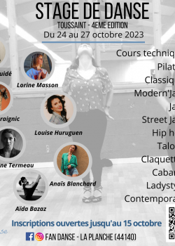 Stage de Danse JazzModern’jazzClassiqueClaquettePilatesStreet JazzHip-hopHeels danceDanse ContemporaineCabaret à La Planche en septembre 2023