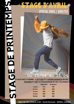 Stage de LyricalHip-hopBreak danceDanse ContemporaineHeels danceStreet JazzAfro DanceNew StyleDanse OrientaleCommercial Girly à Blyes en avril 2024